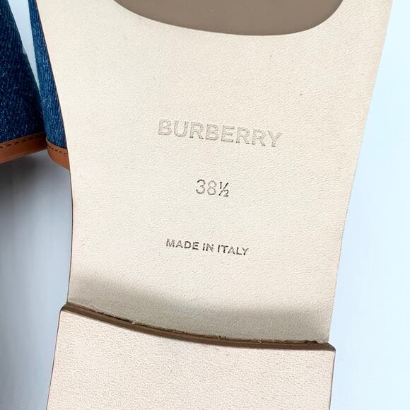 BURBERRY Carolyn Denim Logo Flat Slide EU 38.5 US 8.5 Blue Brown Two Tone Sandal - Picture 9 of 11